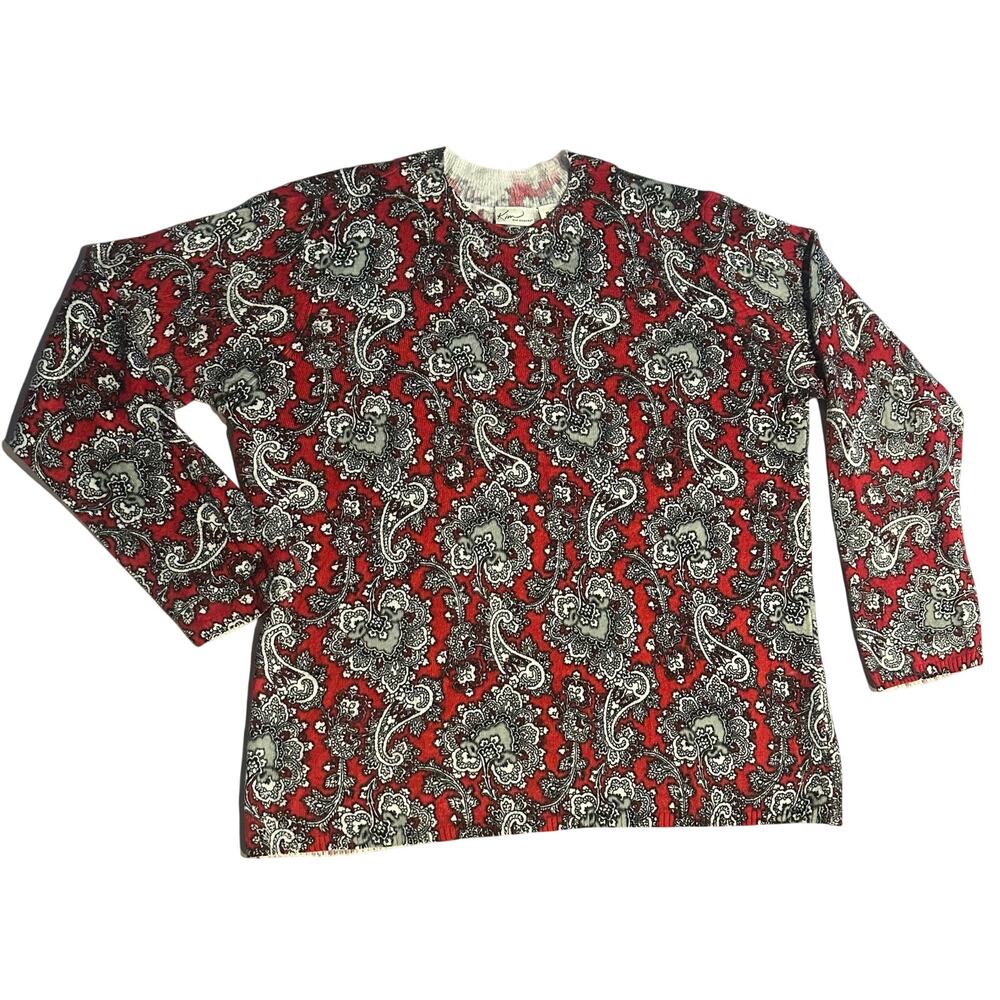Kim Rogers Sweater Pullover Women’s XL Red white black Paisley Long Sleeve chic
